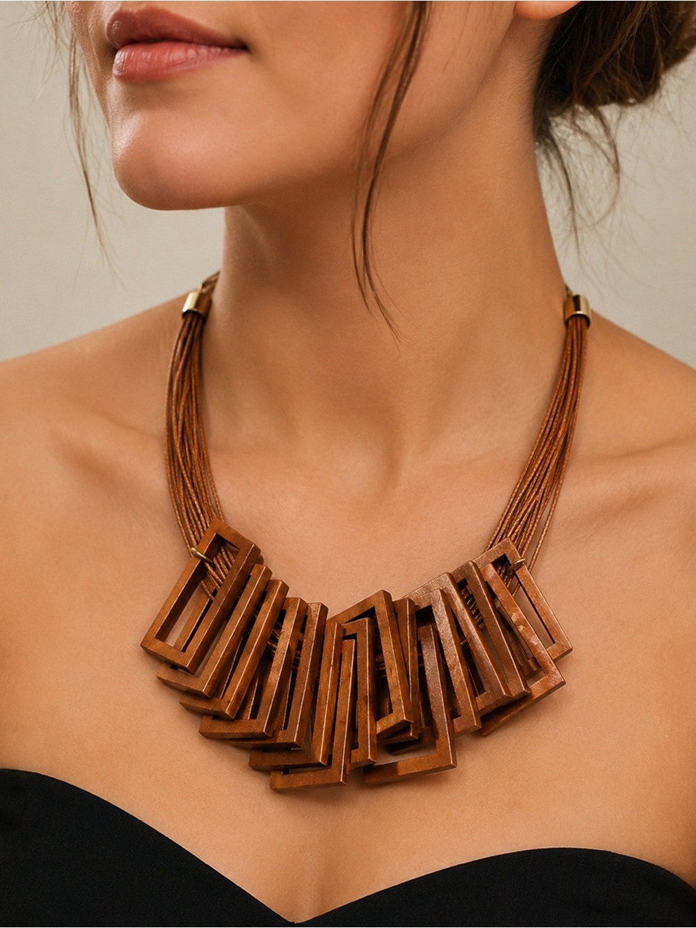 Italian Jewelry Statement Brown Wooden Geometric Multi Strand Necklace NWOT